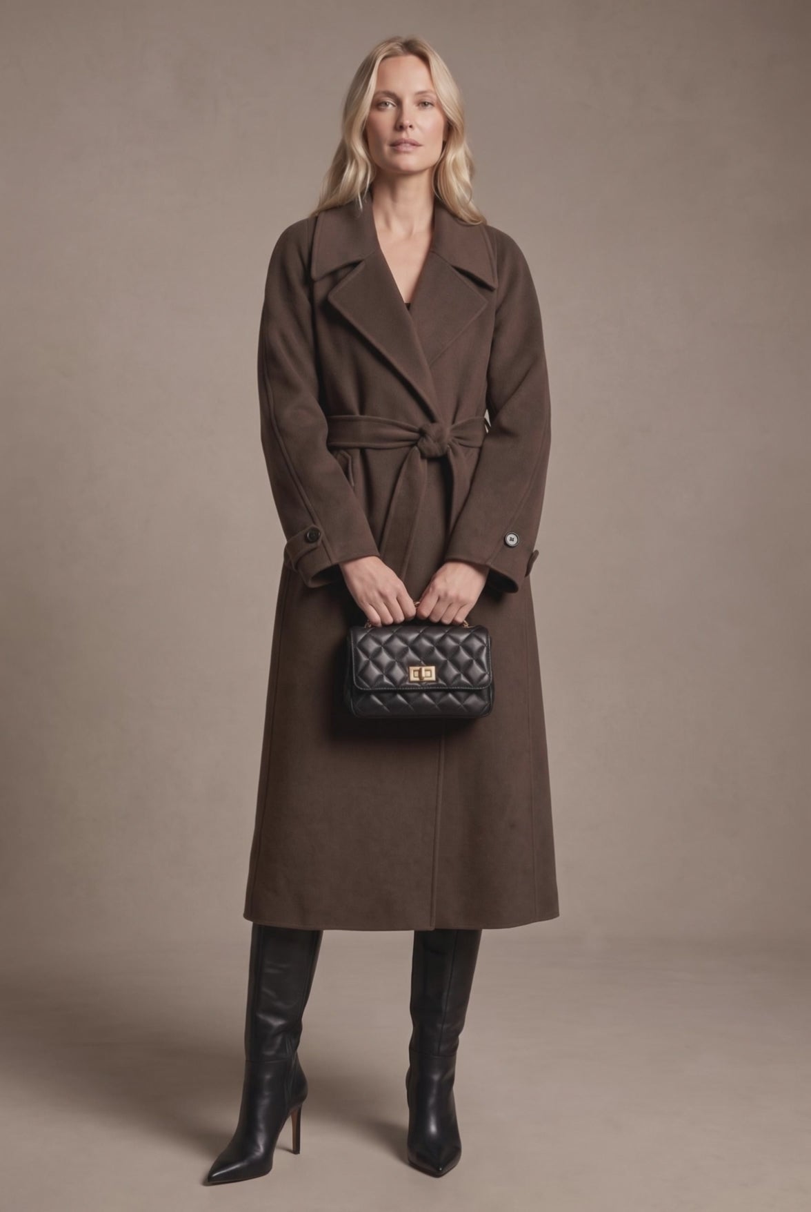 Kabát ICONIC čokoládový – modelka v pohybu