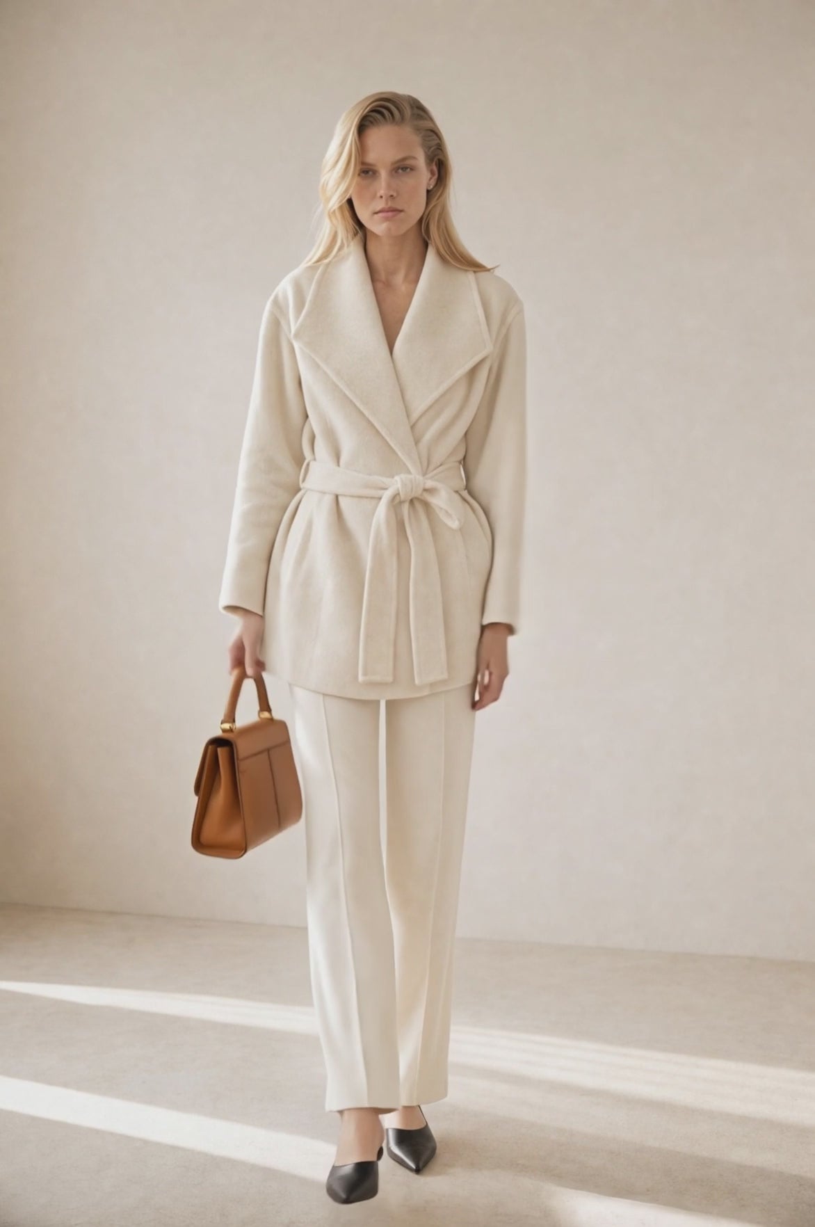 Kabát PETITE offwhite ze 100 % kašmíru – modelka v pohybu