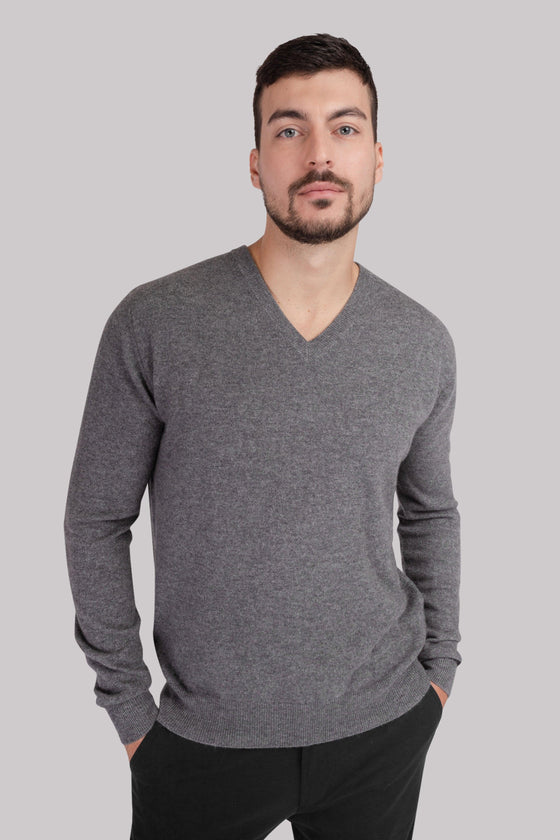 Pánský kašmírový svetr s výstřihem do V šedý - JUSTLOVE